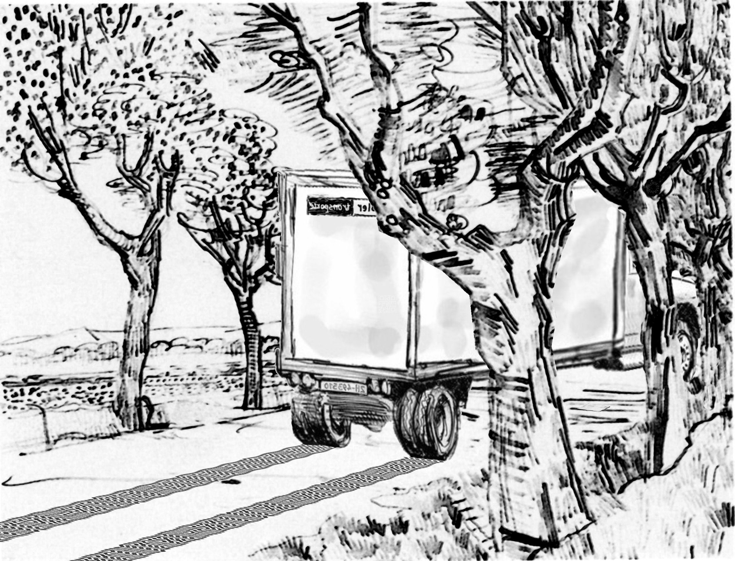 Skizze: Der Transporter auf dem Feldweg